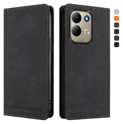 Image de Étui pour Xiaomi Redmi 17 4G/5G, coque rabattable en cuirPolyuréthanerétro avec support et emplacements pour cartes, couleur noire