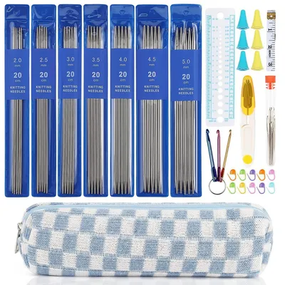 Obrázek produktu pro Sada pletacích jehlic s příslušenstvím a taškou, 35 kusů, ocelové jehlice s dvojitou špičkou, délka 20 cm, rozměry 2 mm - 5 mm