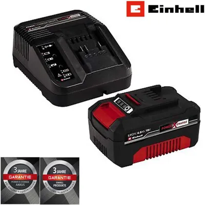 Einhell Power X-Change charger and battery, with warranty badges.