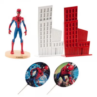Produktbild von Dekora Spiderman und die Stadt Kuchendekoration Figuren Set aus Kunststoff, rot blau, ca. 10 cm, 5-teilig, nicht essbar, lebensmittelgeeignet, wiederverwendbar