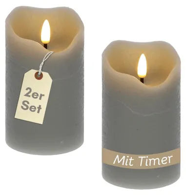 Produktbild von 2er Set LED Kerzen mit Timerfunktion Echtwachs LED Kerze Outdoor flackernde Stumpenkerze Batteriebetrieben Weihnachtsdeko Elektrische Kerze Grau 7,5 cm x 10 cm