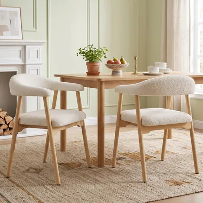 Produktbild von Flieks Esszimmerstühle 2er Set aus Massivholz, geeignet für Esszimmer, Wohnzimmer, Cafés, Boucle, Polsterstühle, Küchenstühle, Naturholzfarbe+Beige