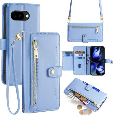 Produktbild von Handykette für Google Pixel 9A Hülle mit Band Handyhülle Kartenfächer Kunstleder Umhängetasche in Hellblau