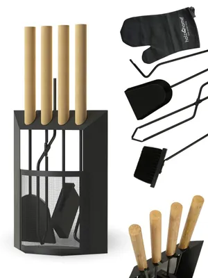 Produktbild von 6-teiliges Kaminbesteck mit Holzgriff in Schwarz