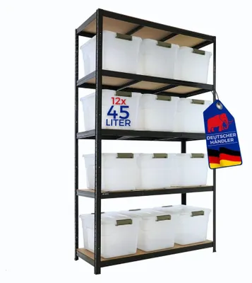 Immagine prodotto di Scaffale per carichi pesanti RAGNAR con 12 contenitori da 45 litri | A x L x P 200 x 120 x 50 cm | 5 ripiani in MDF | Portata per ripiano 175 kg | Nero