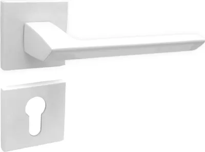 A white door handle set with a square rosette and a keyhole plate, isolated on a white background.