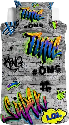 A bedding set with a graffiti design on a brick wall background.