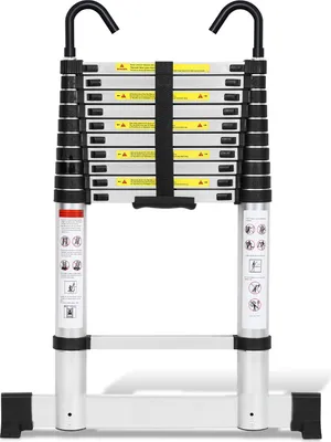 Produktbild von Bettizia Aluminium Teleskopleiter 3,2M Silber, Leiter Ausziehbar mit Stabilisator und Abnehmbaren Haken, Klappleiter, Mehrzweckleiter, Stehleiter, Haushaltsleiter, Außenleiter, 150 kg Belastbarkeit