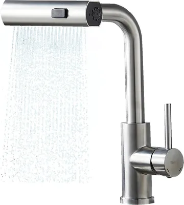 Produktbild von Küchenarmatur mit ausziehbarer Brause, 3 Strahlarten, 360° schwenkbarer Spültischarmatur, Mischbatterie aus Edelstahl SUS304, gebürstete Oberfläche