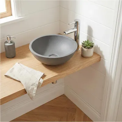 A bathroom sink area with a concrete basin, faucet, soap dispenser, and a small plant.