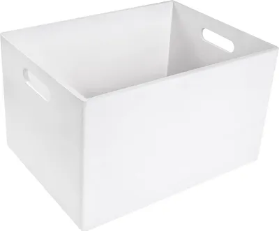 A white wooden storage box with handles, shown from a slightly elevated side angle on a white background.