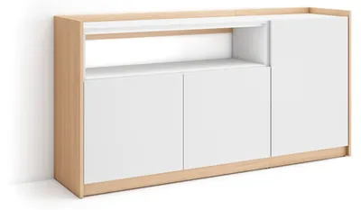 Produktbild von Sideboard, Highboard, 156x37x80cm, 3 Türen, Wohnzimmer, Küche, Weiß und Eiche Soft