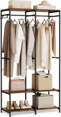 Produktbild von Songmics Garderobenständer Vintagebraun mit 1 Kleiderstange, abnehmbaren Haken und offenen Ablagen, 40 x 94,5 x 180 cm, aus Stahl und Holzspanplatte, modern, platzsparend, 146 kg Tragkraft