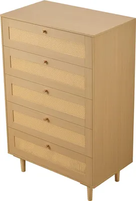 Zdjęcie produktu dla SucceBuy rattanowa komoda z 5 szufladami, metalowymi uchwytami i drewnianymi nogami, nowoczesna szafka do przechowywania w sypialni, salonie i przedpokoju (70,2x40x106,5 cm) szafa z szufladami
