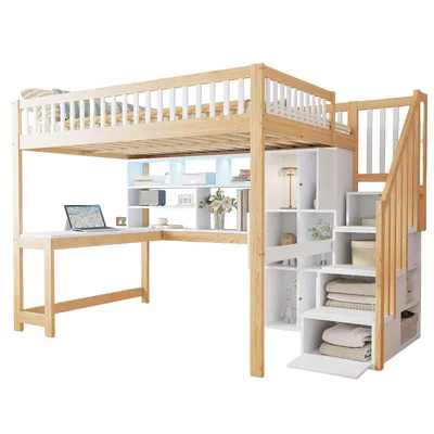 Produktbild von Hochbett mit Schreibtisch, Regal, Schrank, Rausfallschutz, Treppe und Stauraum, 140x200 cm, Kinderbett, Jugendbett, Kiefer