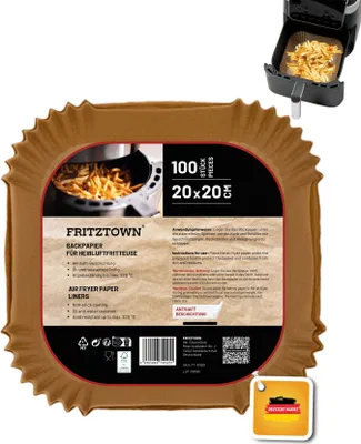 Produktbild von FRITZTOWN® Air Fryer Papier – 100 Stück, 20x20 cm Quadratisch | Antihaft Backpapier für Heißluftfritteusen | Kompatibel mit Ninja COSORI Philips Cecotec Midea Russell Hobbs XL XXL Airfryer