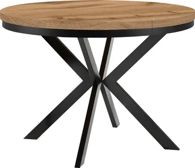 Produktbild von Runder Ausziehbarer Tisch für Esszimmer ENDIK mit Ring-Gestell und Metallbeinen, Durchmesser: 110 / 160 cm, Farbe: Eiche Wotan / Schwarz