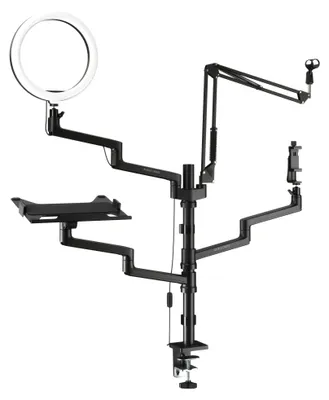 A multi-arm mount with a ring light, microphone holder, tablet holder, and phone holder, clamped to a vertical pole.