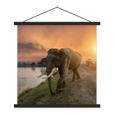 Produktbild von MuchoWow® Textilposter Elefant - Wasser - Tiere - Sonnenuntergang - Natur 120x120 cm mit schwarzem Rahmen - Aufhängungsset