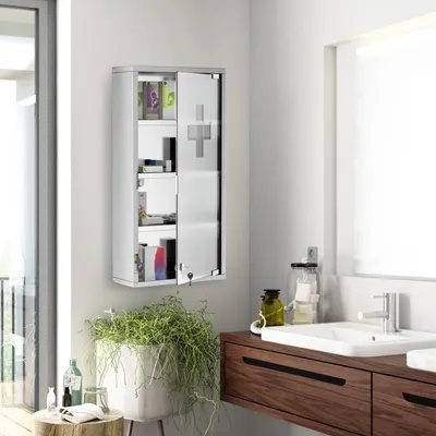 Produktbild von Sweiko Medizinschrank Arzneischrank aus Edelstahl, Abschließbar Medikamentenschrank mit 4 Fächern, Glastür Apothekerschrank zur Medikamenten-Aufbewahrung, 30 x 12 x 60 cm