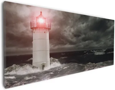 Produktbild von Wallario Premium Leinwandbild Leuchtturm im Wasser bei stürmischer See in Größe 30 x 75 cm