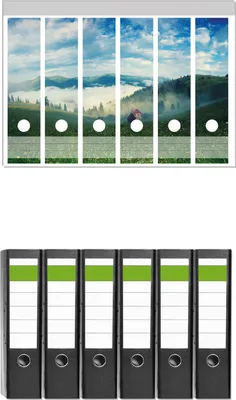 Produktbild von Wallario 6 Stück breite Ordner inkl. Klebeetiketten mit Motive Morgennebel zwischen Berghängen -  Set mit Rückenschildern / Ordnerrücken Stickern