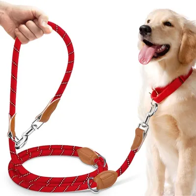 Image de Laisse pour chien, 3 mètres, laisse de traction réglable pour chiens de taille moyenne et grande (15-60 kg), réfléchissante, avec 2 mousquetons, en nylon robuste (résistance : 200 kg), de couleur rouge foncé