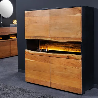Produktbild von riess-ambiente Highboard GRAND ACACIA 100cm braun schwarz massive Akazie Baumkante LED-Beleuchtung