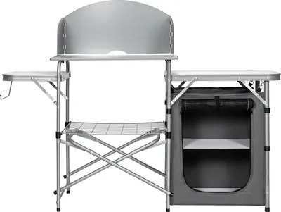 Zdjęcie produktu dla COSTWAY Stół kempingowy z miejscem do przechowywania, składana kuchnia kempingowa z wiatrochronem, torba do przechowywania, torba do przenoszenia na imprezę BBQ, kemping, szary