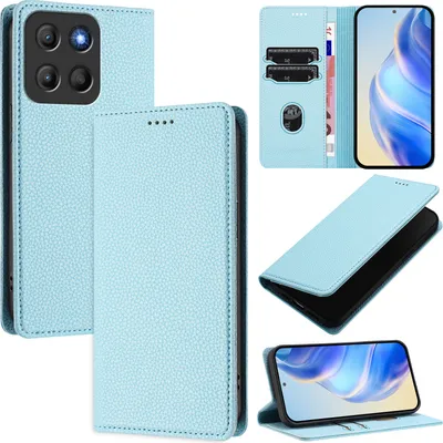 Obrázek produktu pro Kožené pouzdro pro Motorola Moto G15, Litschi kůže, peněženkové pouzdro s přihrádkami na karty a stojánkem světle modrá