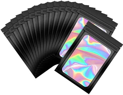 Produktbild von 50 Stück Holografische Mylar-Beutel mit Sichtfenster, Wiederverschließbare Zip-Beutel 7x10cm für Süßigkeiten, Kekse & Schmuck, Premium Aufbewahrungsbeutel für Kleinunternehmen (Schwarz)