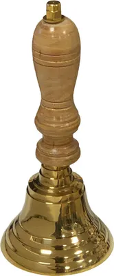 A brass handbell with a wooden handle.