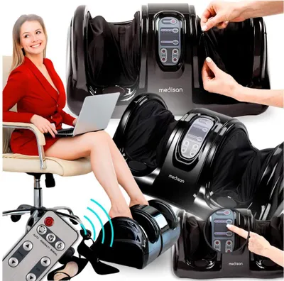 A collage of images showing a foot massager in use and its features, with a woman working on a laptop in the background.