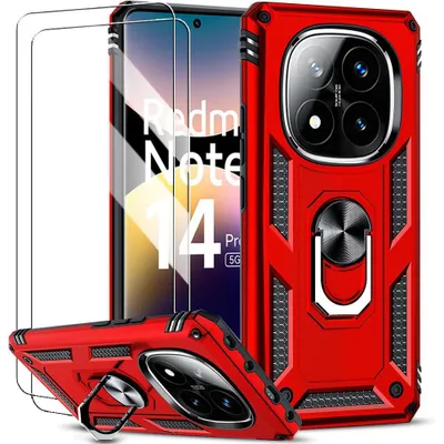 Image de Coque pour Xiaomi Redmi Note 14 Pro 5G (pas pour 4G) Protection Rigide Antichoc avec Anneau - Rouge + 2 Verres Trempés