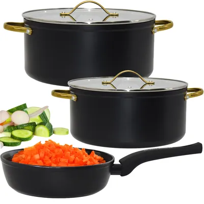 Produktbild von SET HANYS TOPF Bratpfanne KOCHTOPF KOCHSET ALUMINIUM MIT DECKEL SCHWARZ GOLDEN