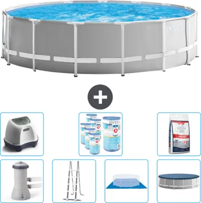 Produktbild von Intex Round Prism Frame Swimming Pool – 457 x 122 cm – Grau – inklusive Pumpe – Leiter – Bodenplane – Abdeckung Salzwassersystem - Filter - Poolsalz