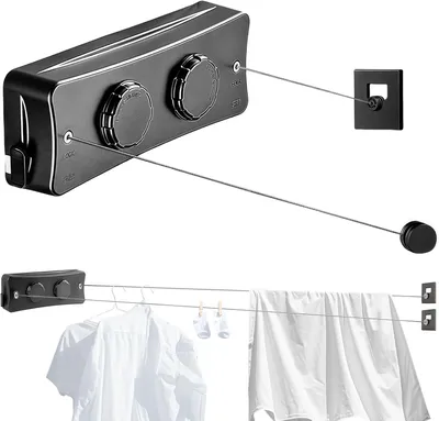 Obrázek produktu pro Výsuvná sušák na prádlo do interiéru, 2 x 5,1 m, nerezová ocel, černá barva, sušák na prádlo