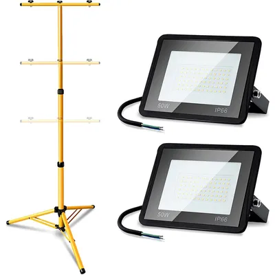 Image de Jiubiaz Projecteur LED avec trépied Projecteur de chantier extérieur IP66 Projecteur pour jardin arrière cour 2X50W Blanc chaud