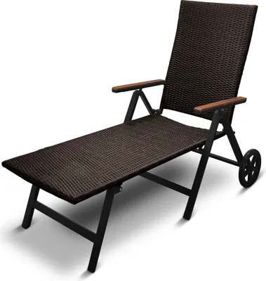 A brown polyrattan lounger with black metal frame and wooden armrests, shown on a white background.