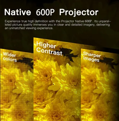 Marketing image for a projector highlighting its features.
