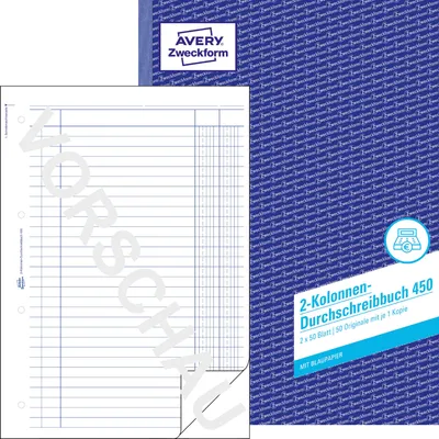 Produktbild von Avery Zweckform 450, Kolonnen-Durchschreibbuch, 2 Kolonnen, A4, mit Blaupapier, 2x50 Blatt