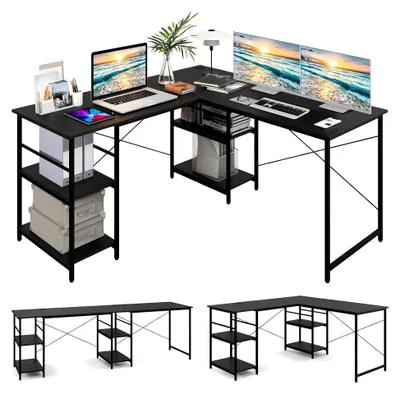 Produktbild von L-förmiger Eckschreibtisch mit 4 Ablagen und 3 Kabellöchern, umwandelbar für 2 Personen im Home Office (schwarz)