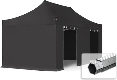 A black pop-up tent with multiple entrances, shown from a slightly angled front view, with a close-up inset of hexagonal aluminum poles.