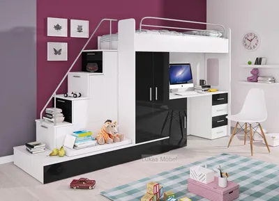 Produktbild von Etagenbett Felix Hochbett mit Schreibtisch und 2x Bett Hochglanz Weiss - schwarz