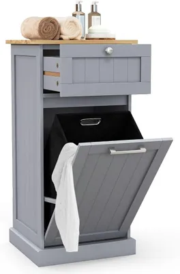 Imagen del producto de Armario independiente para ropa, armario de baño con cesto para ropa y cajón, organizador de ropa con tapa de bambú, mueble de baño, 40 x 37 x 82 cm (gris)