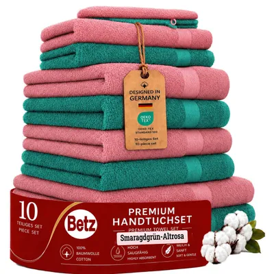 Produktbild von Betz 10-tlg. Handtuch-Set PREMIUM 2 Duschtücher 4 Handtücher 2 Gästetücher 2 Waschhandschuhe Farbe: smaragdgrün & altrosa
