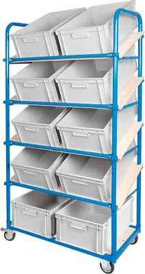 Produktbild von Schrägboden-Regalwagen mit 5 Ebenen, bestückt mit 10 Euroboxen 600x400x220 mm grau