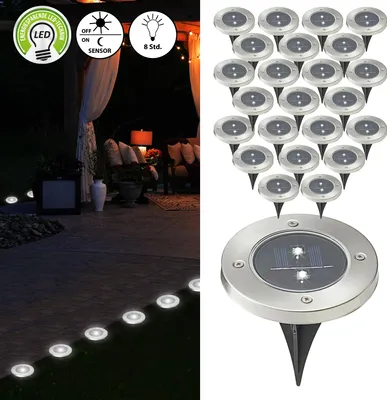 Produktbild von Wegleuchte Solar 24er Set Erdspieß Gartenleuchte Bodenlicht 2 LEDs Ø 12cm Edelstahl