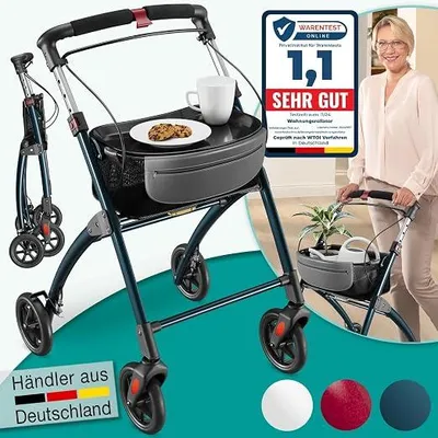 Produktbild von Wohnungsrollator 54cm breit, faltbar und leicht, inkl. Tablett & Stoffkorb, Rollator schmal für die Wohnung, Indoor-Rollator, klappbar, Aluminium,Mobilität für Zuhause anthrazit