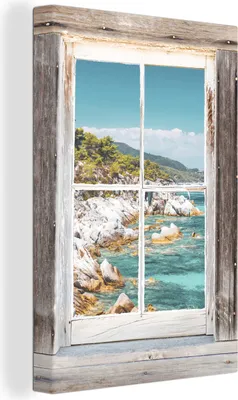 Produktbild von OneMillionCanvasses® - Leinwandbilder - 90x140 cm, Durchsichtig - Meer - Holz, - Geöffnetes Fenster - Fensterblick Schlafzimmer Kunstdruck Wanddekoration - Foto auf Leinwand - Gemälde auf Holzrahmen  - Wandschmucke - Schlafzimmer